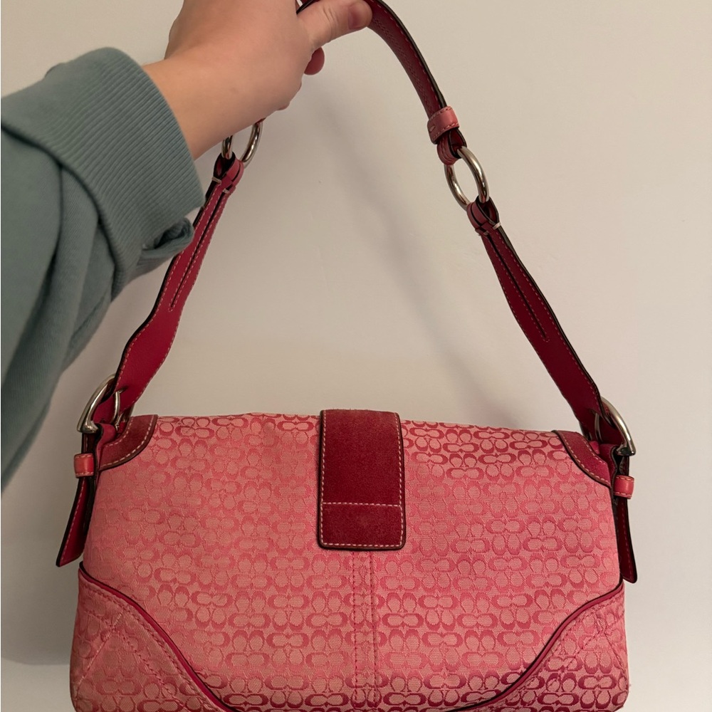 COACH Signature Shoulder Handbag Pink Logo - Picture 3 of 13